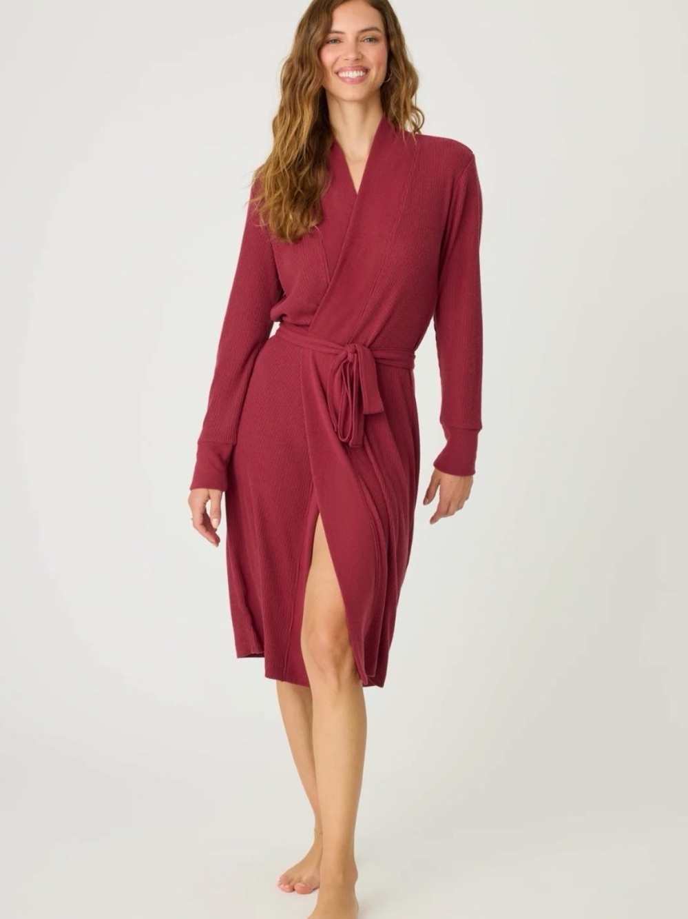 PJ Salvage Ribbed Wrap Robe in Wine #1247